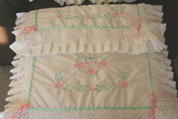 Pram linens, pillow and cover with candlewick & satin borders, corners, frames designs