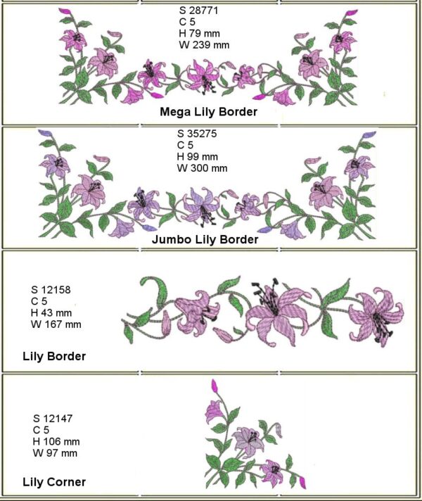 Lily Borders & Corners-design specs-fill embroidery