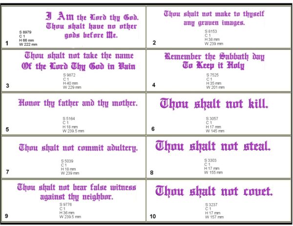 10 Commandments in Old English font design specs.